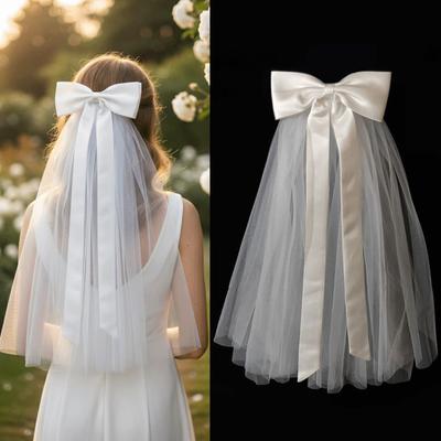 Bowknot Ribbon Bridal Veil White Tulle Shawl Beautiful Bridal Headdress  Women's Wear