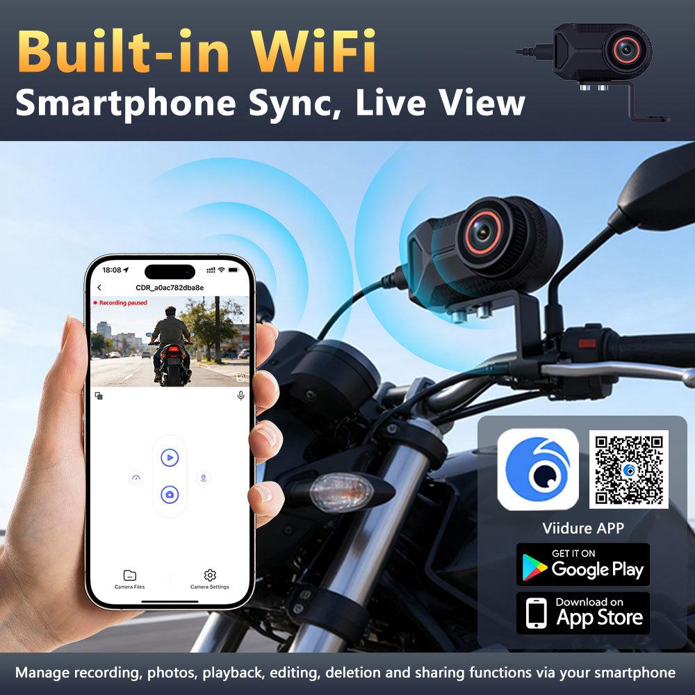 2K HD Motorcycle Dash Cam with WiFi, Image Stabilization, and IP66 Waterproof.