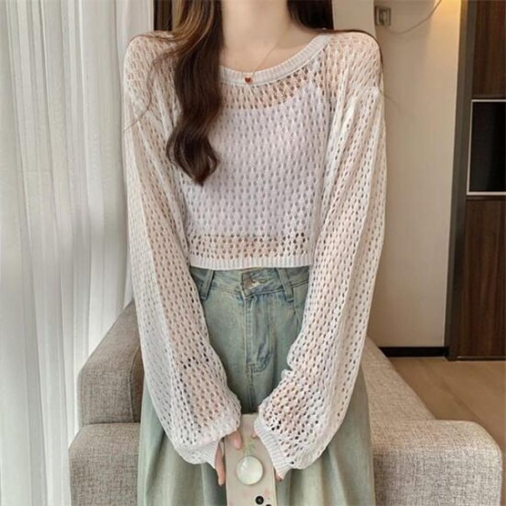 Navava Women Cropped Punching Long Sleeve KniT T shirT Nk2881