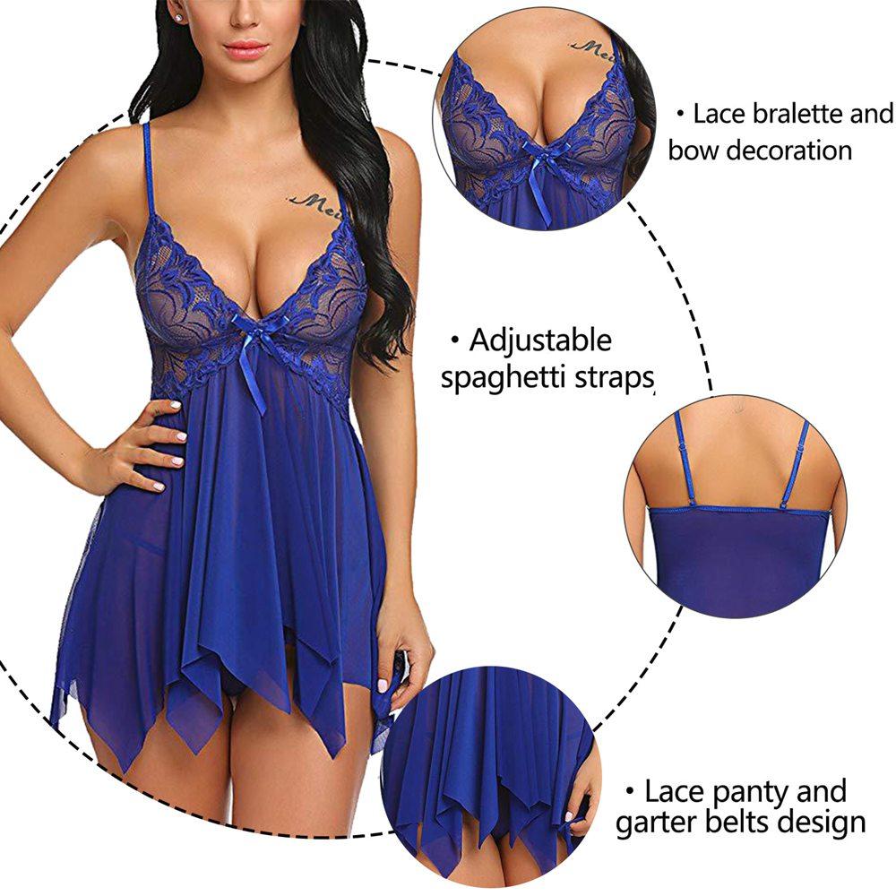 Women Lace Nightgown with G-string Deep V Neck Boudoir Nighty Lingerie Sleepwear Babydoll Strappy Sleepshirt Gown Sets
