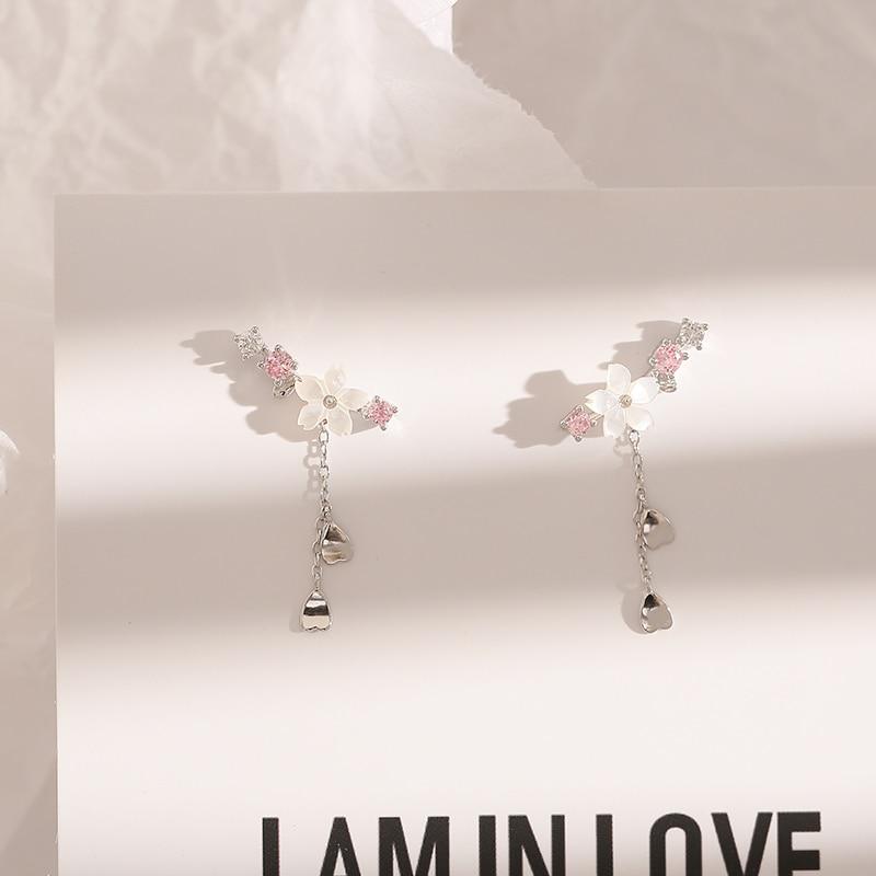 925 Sterling Silver Romantic Pink Cherry Blossom Shell Tassel Earrings for Women Girls Party Drop Earrings Jewelry Gifts S-E1248