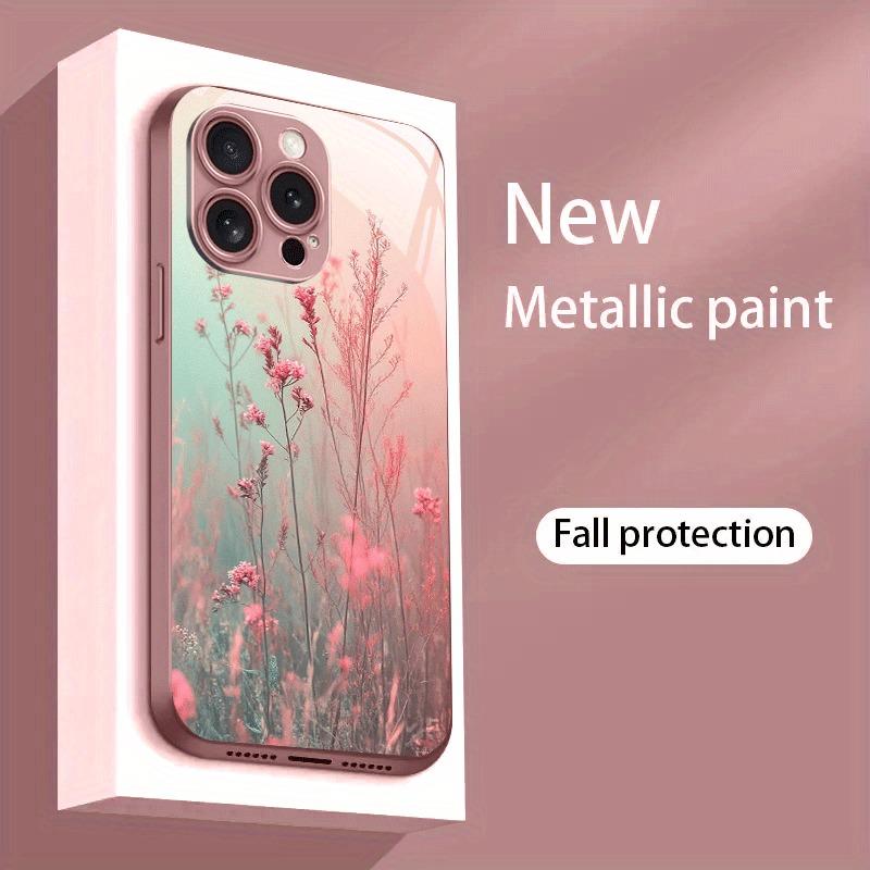 Elegantes Rosa Blumenmuster Rosa Metallic Lack Glas Handyhülle Für iPhone 17 16 15 14 13 12 11 Pro Max Plus 16E 17Air Hülle
