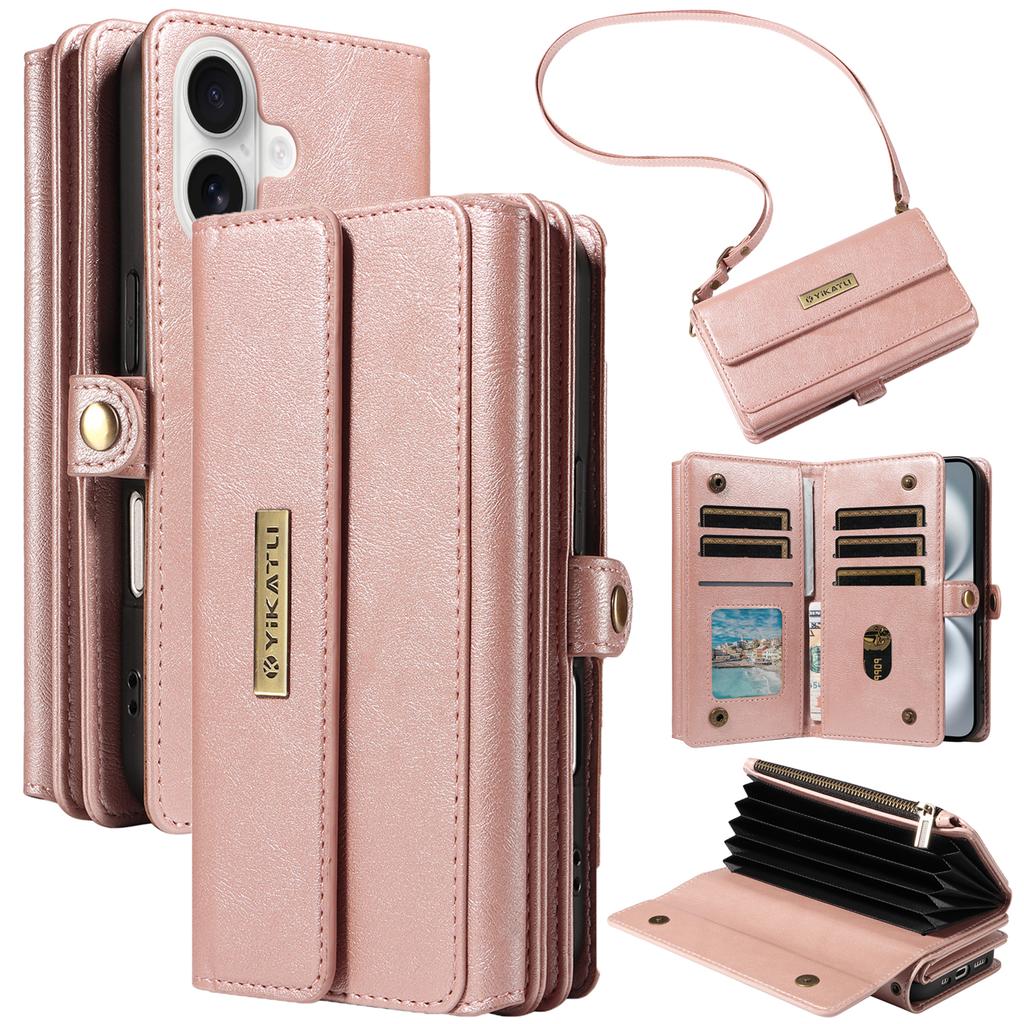 For iPhone 14 13 12 11 Pro Max SE 2022 X XS XR XS Max Wallet Case 10-Card Holder Soft Magnetic Snap Shoulder Strap Zipper Pocket