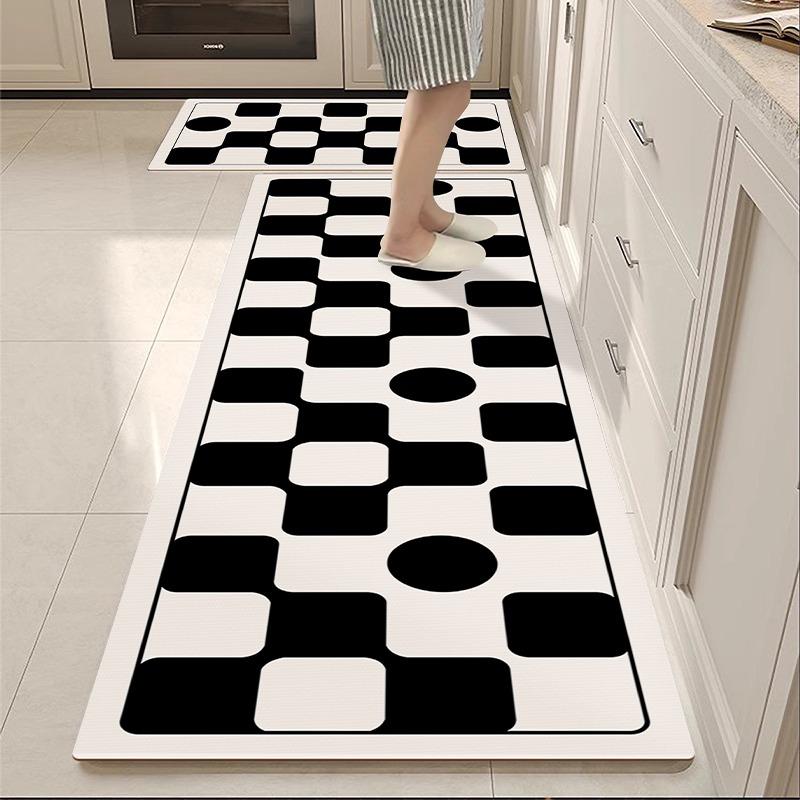 Kitchen Carpet Non-slip Waterproof Oil-proof Floor Mat Black White Plaid Interesting Rug Long Strip Home Decoration Foot Mats
