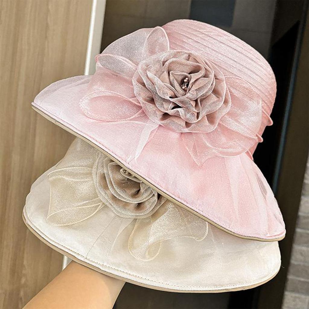 Mesh Flower Bucket Hats Women's Fashionable Elegant Wide Brim Sun Protection Beach Caps for Summer Outdoor Travel Sun Hats