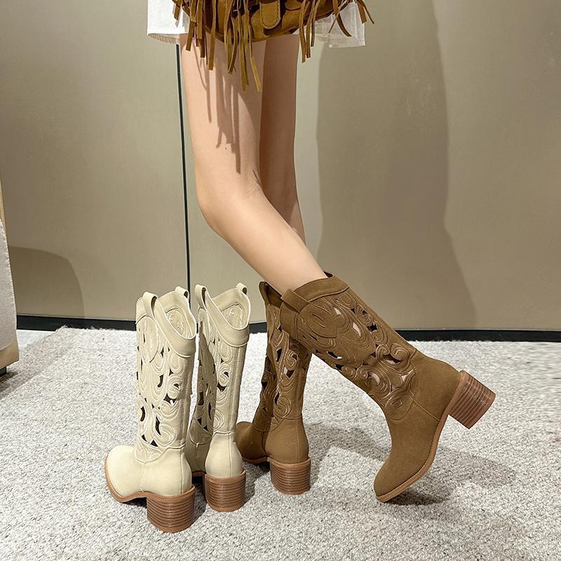 Xia Yangqi women's new ethnic style western 2025 cowboy boots hollow breathable embroidery retro v-port niche super soft