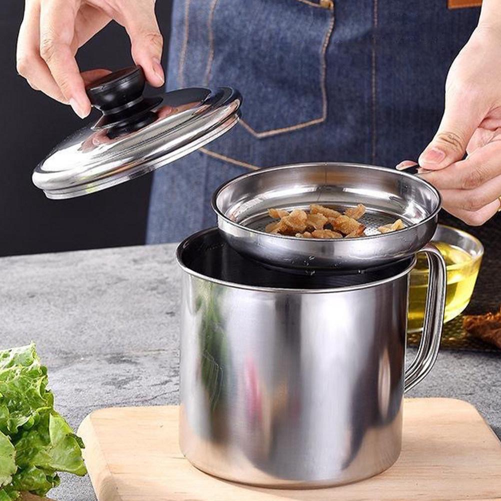 1Set Oil Strainer Storage Can Stainless Steel Large Capacity Grease Container Kitchen Oil Filter Pot for Cooking Use