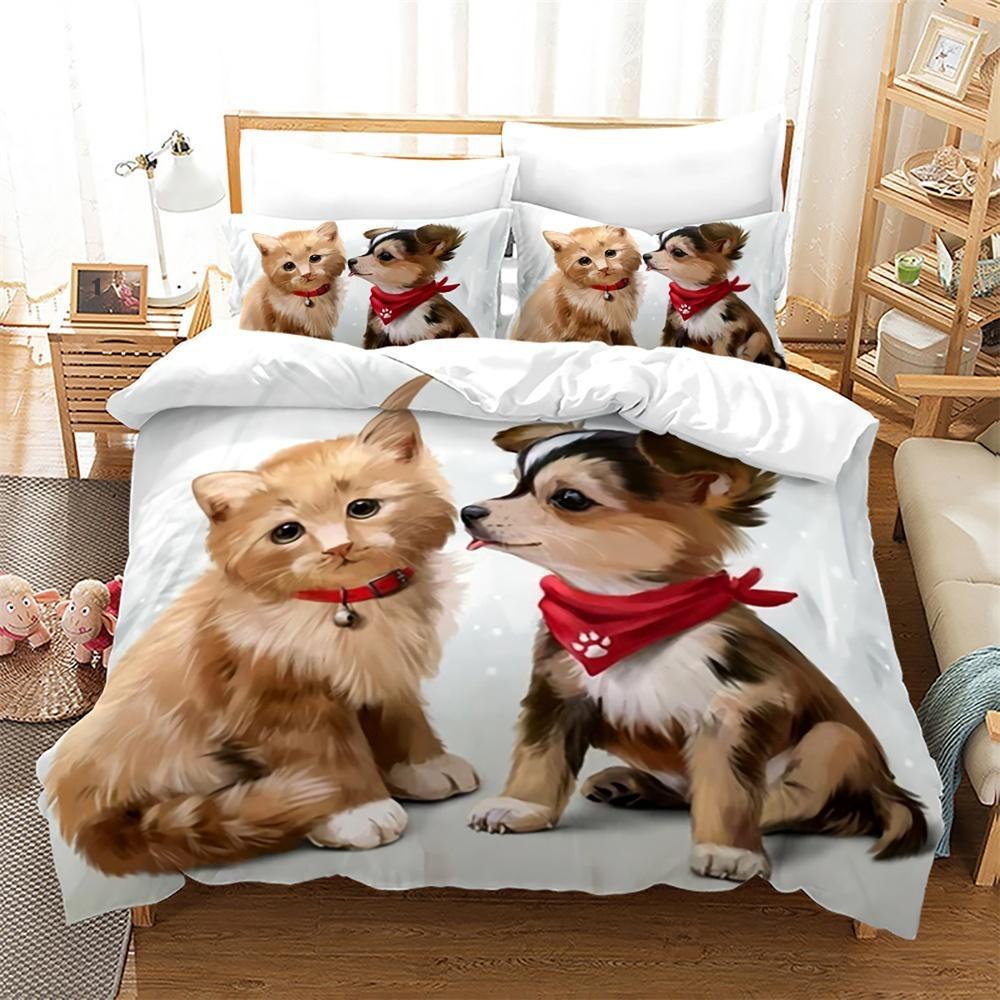 Dog and Cat Duvet Cover Set 3D Print Cute Kawaii Animals King Queen Size Polyester Comforter Cover for Kid Boy Girl Bedding Set