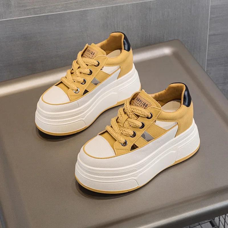 Fashion 9cm Genuine Leather Platform Sneakers Wedge Shoes for Women Breathable Sneakers Autumn Casual Shoes Hidden Heel Zapatillas Mujer
