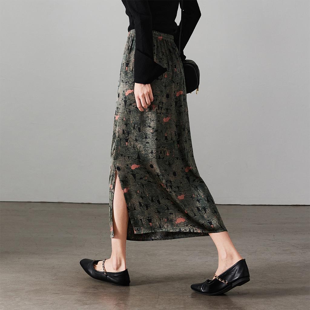 Design Sense Printed High Waisted Split Skirt 2026 Spring Fashion Commuting Versatile Mid Length Straight Tube Skirt