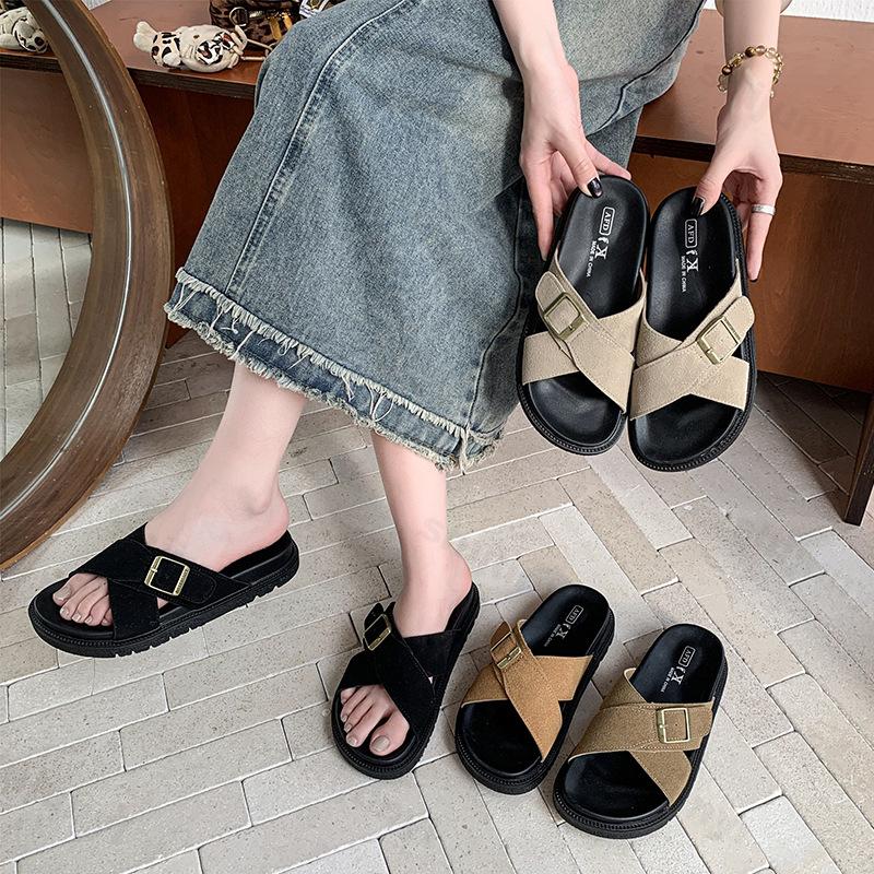 Fashion Women Slippers Summer Open Toe Platform Casual Slippers Buckle Flat Slippers Retro Comfort Non Slip Fashion Outdoor Beach Shoes