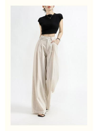 Women's High-Waisted Wide-Leg Linen Pants - Summer 2026 Collection, Loose Fit, Tencel Cotton Blend, Floor-Length