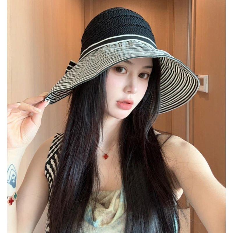 

2025 Summer New Arrival Fashion Half Air Top Mixed Color Stripe Big Brim Fisherman Hat Foldable Ponytail Sun Protection Hat Black
