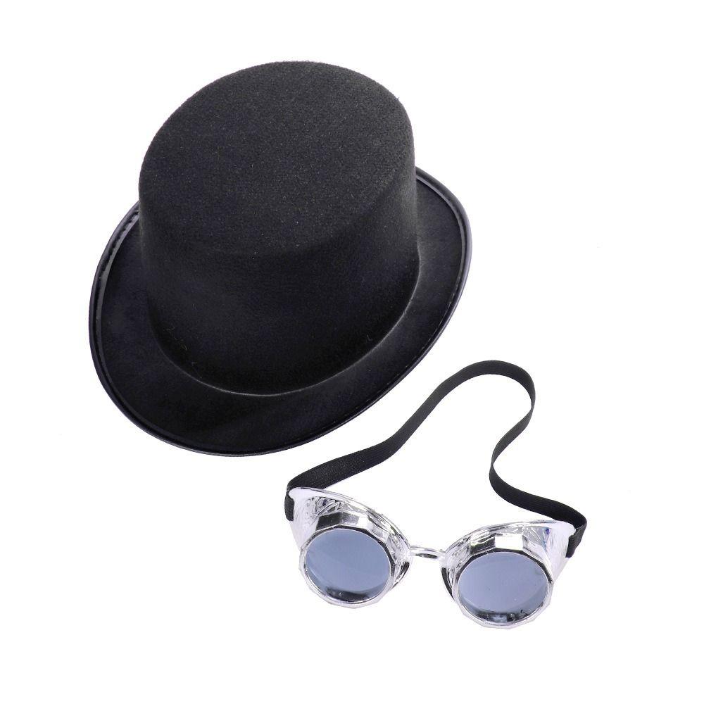 Vintage Black Steampunk Men Hat With Eyeglasses Stage Performance Retro Gothic Hat Non-woven Fabric Top Hats Cosplay Jazz Hat