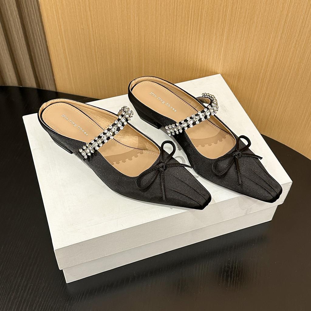 317-2 French Cloth Rhinestone Square Head Middle Heel Single Shoes New Bow Pleated Bag Head Empty Single Shoes Women's Shoes