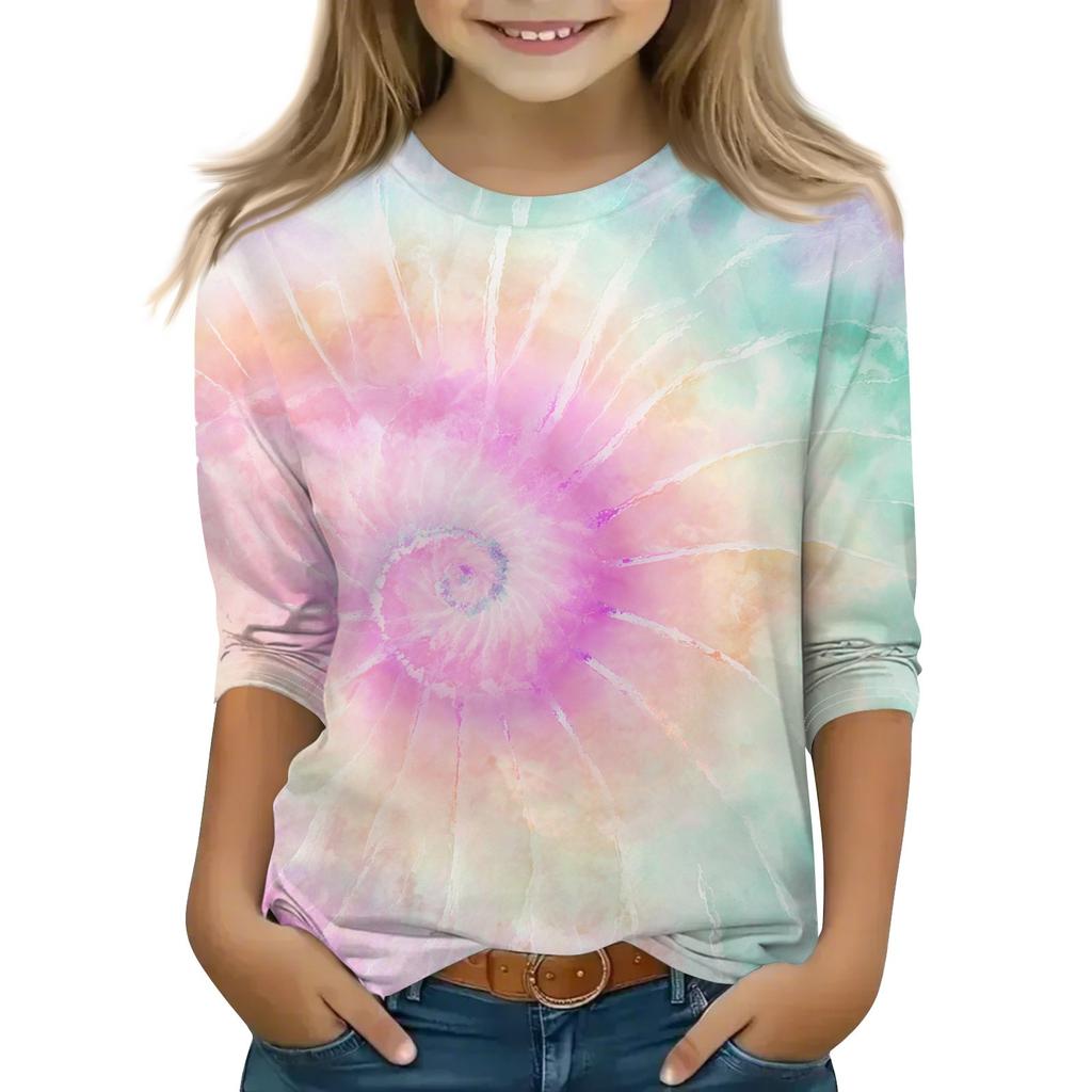 Print Tops For Youth Girls Round Neck 3/4 Sleeves T-Shirts Trendy Tops Outfit Tees