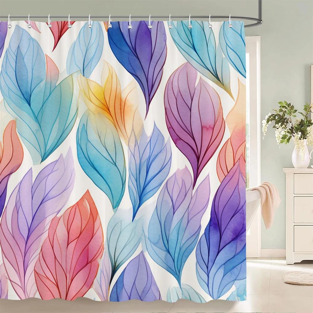 1Pcs Watercolor flower and plant leaves printed fabric waterproof shower curtain, home decoration bathroom curtain, with hooks