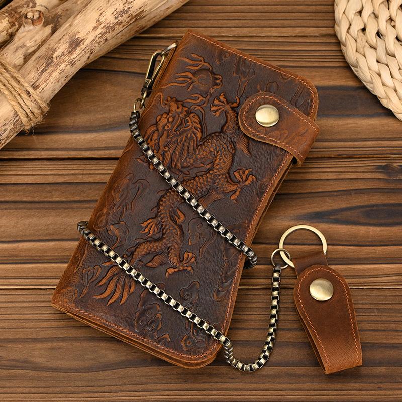 Newsbirds luxury designer men leather wallet 3D Tiger Dragon embossing cowhide men's wallet with iron chain high fashion