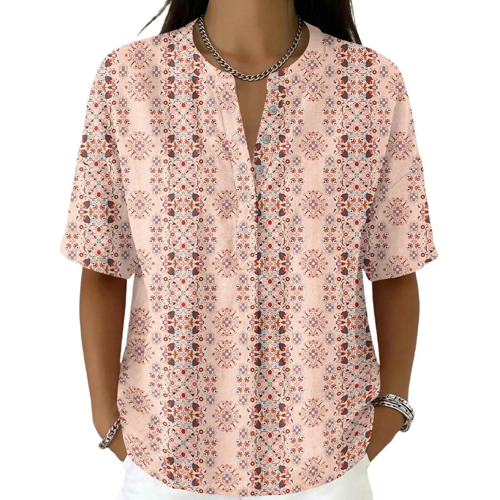 Damenmode Bedrucktes V-Ausschnitt-Shirt Kurzarm Pullover Top Leichte Lässige Bluse für den Alltag