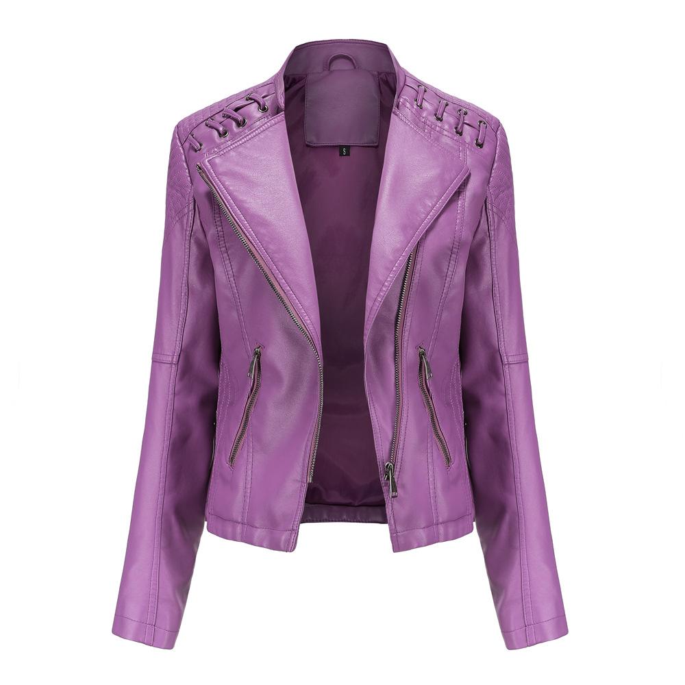 Women Fashion Lace-up Leather Jacket Slim Fit Spring Autumn Motorcycle Jacket Zipper Jacket