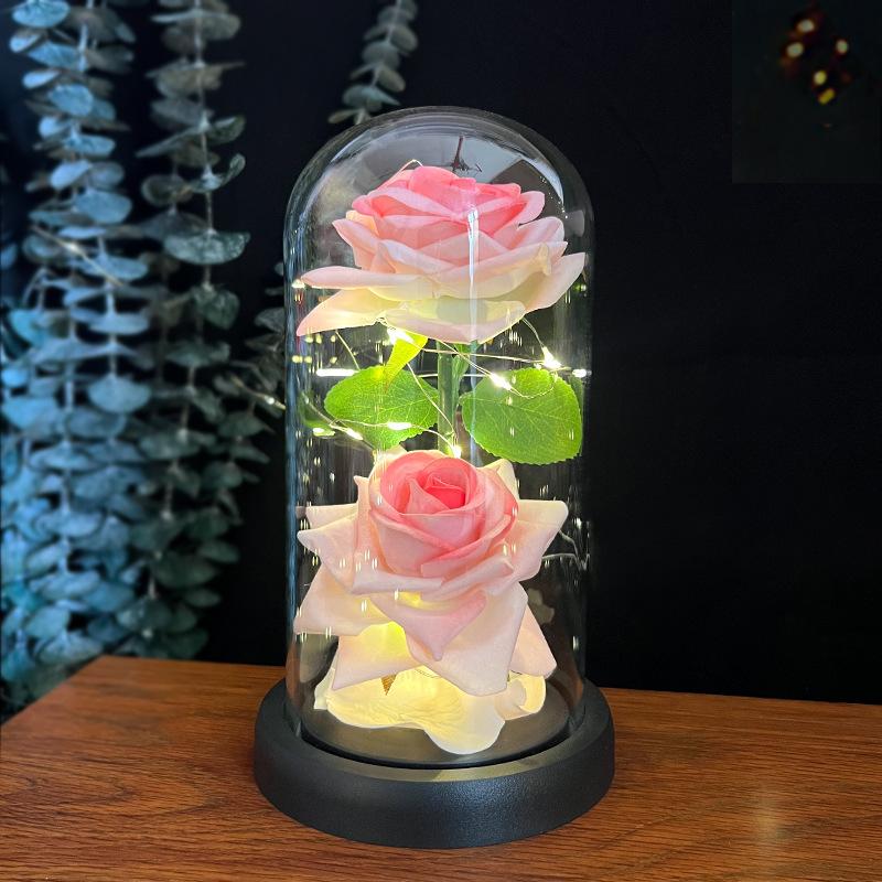 Two Simulated Roses Valentine's Day Hot Gift LED Light Luminous Glass Cover