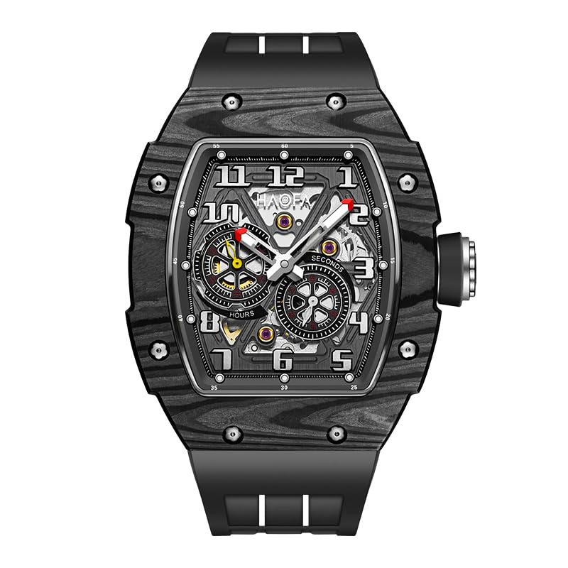 

HAOFA Watch Automatic Skeleton Watch Carbon Fiber Case Mechanical Watch Luminous Barrel Type Tonneau Type Titanium Watch Watch Men s Men s чорний