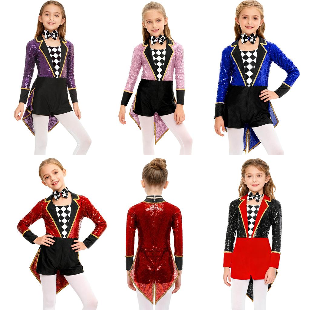 Unisex Kids Circus Magician Costume Long Sleeve Sequins Checkerboard Tailcoat Bodysuit Bow Tie Cosplay Outfit
