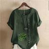 Women's Fashion Green Leaf Prined Round Neck Short Sleeve T-shirt Casual Cotton Linen Graphic Shirt Leisure Loose Summer Blouse Tops