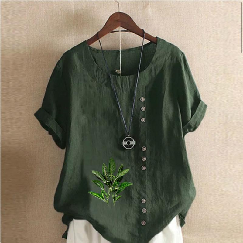 Women's Fashion Green Leaf Prined Round Neck Short Sleeve T-shirt Casual Cotton Linen Graphic Shirt Leisure Loose Summer Blouse Tops