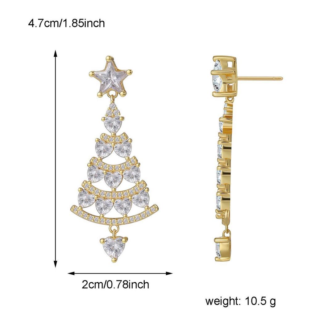 E0541 Boucles d'oreilles arbre de Noël haut de gamme pour femmes: Style Européen & Américain, Cuivre avec Zircon Plaqué Or