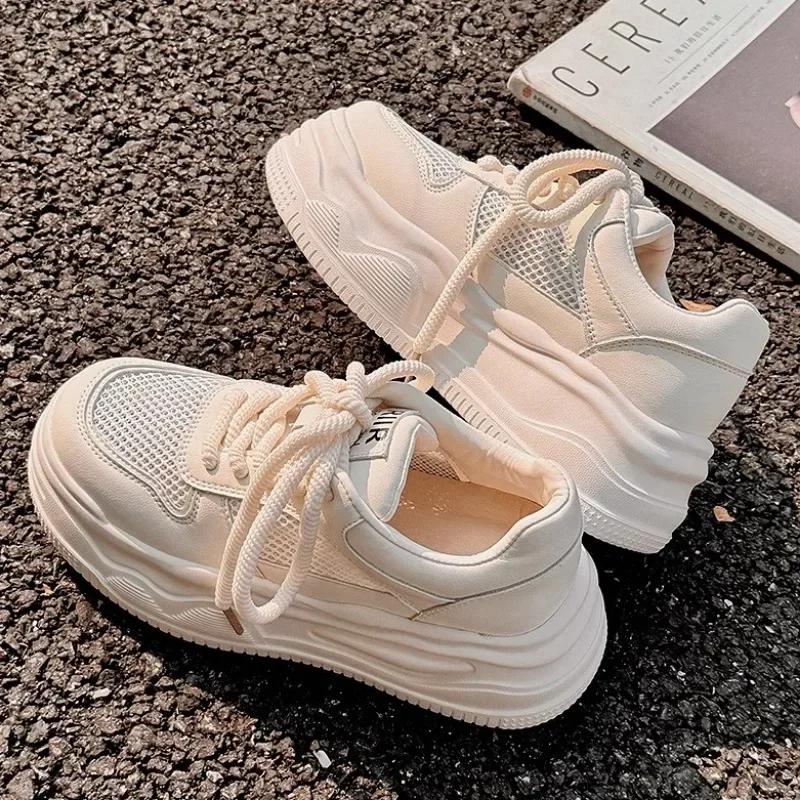 Lace-up White Shoes Women Sneakers  New Breathable Mesh Leather Women's Shoes Chunky Casual Sports Board Shoes Sneaker Adult