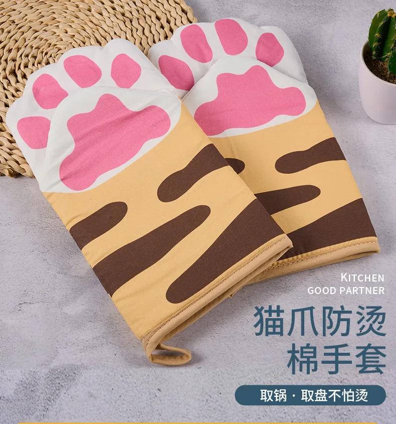 Cute Cat Paw Heat Proof Oven Mitts Microwave Thickened High Temperature Resistant Kitchen Household Baking Anti-hot Hand Gloves