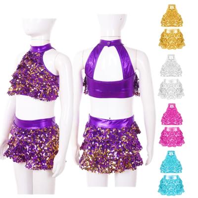 Robe de danse latine pour enfants filles, sans manches, dos nu, paillettes, Jazz, col licou, débardeur, haut court avec jupe, tenue de danse
