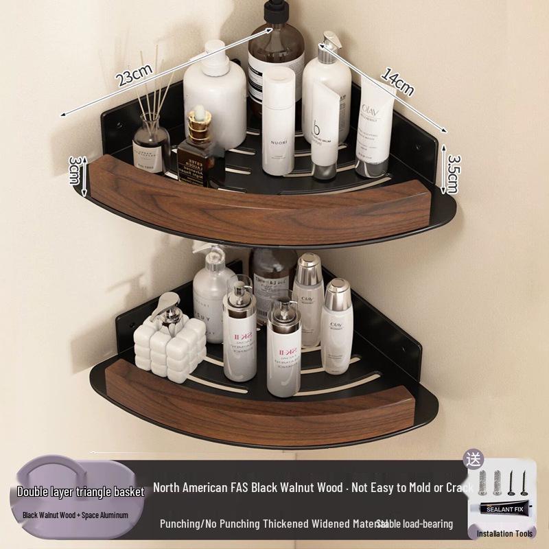 Walnut Corner Bathroom Shelf for Cosmetics, No-Drill Triangle Stand.