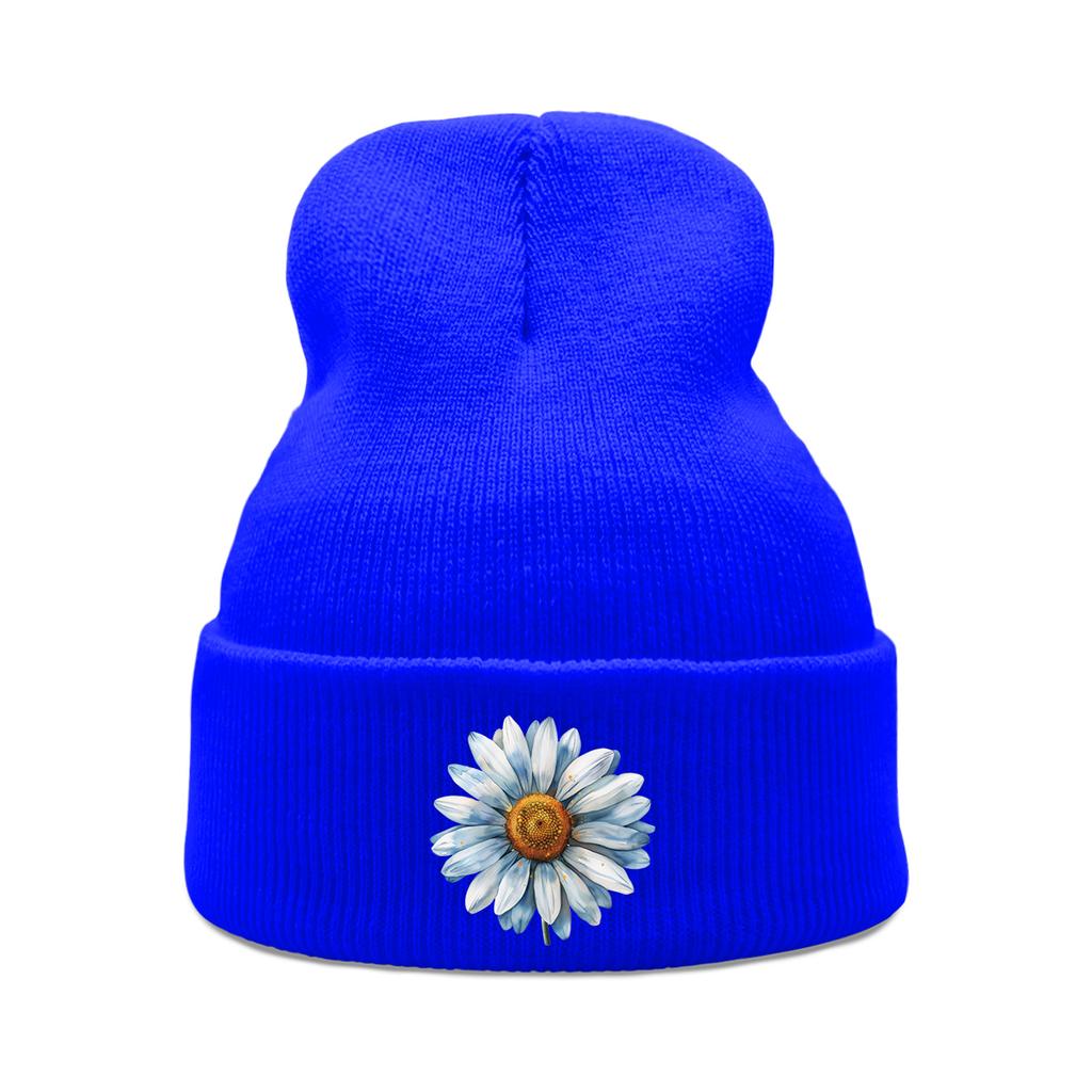 Blue Daisy Print Warm Winter Hats Unisex Knitted Hat Beanie Man Cap Stretchy Warm Knit Cap Beanie Ideal Choice For Gifts