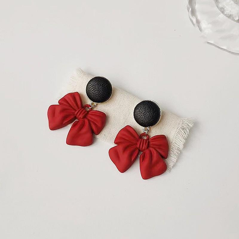 Fashion Temperament Sweet Flower Stud Earrings Women's Red Bow Flower Earrings Versatile Exquisite Daily Atmosphere Earrings