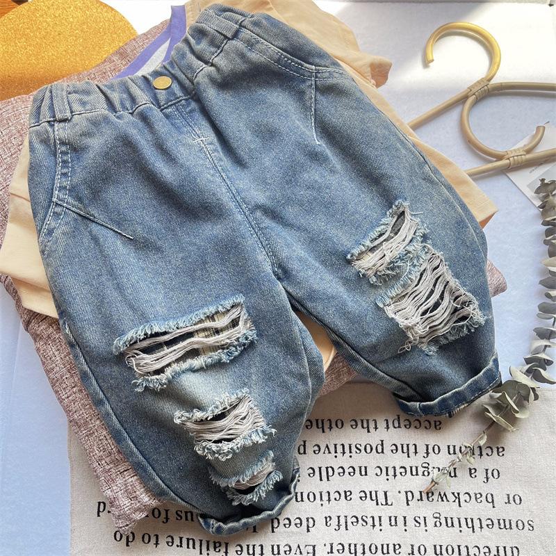 

Джинсы рваные в американском стиле для мальчиков, детские модные повседневные брюки прямого кроя, широкие брюки 100 синий