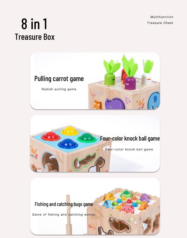 8-in-1 Montessori Educational Toy: Animal Matching, Knocking Balls, Clock, Fishing, and Radish Pulling Puzzle Box for Kids