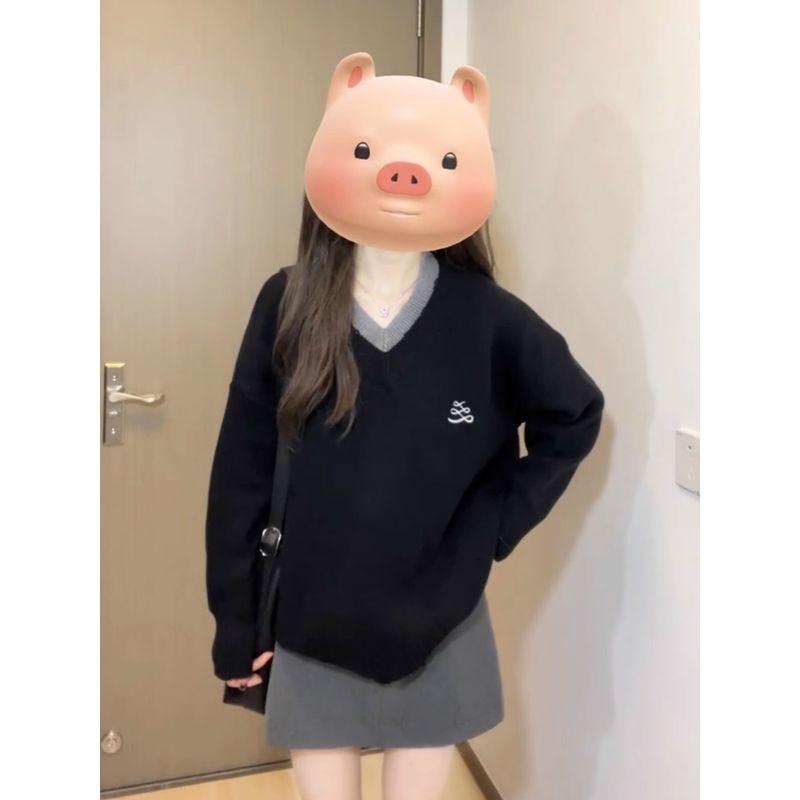 

Black Gray Collar Sweater Loose Casual Knitted False Two Pieces Black XXL [Recommendation 65.00 kg-75.00 kg]]