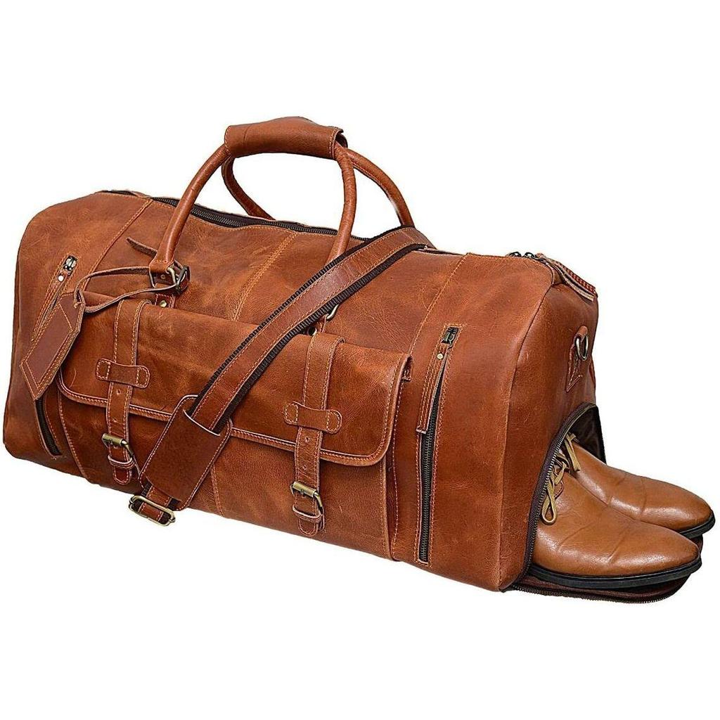 Large Leather Travel Bag Duffel Bag Gym Sports Flight Cabin Bag Leather Holdall Overnight Weekend Large Luggage Bag.  24"