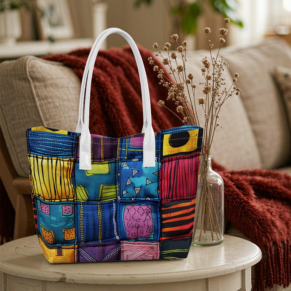 Colorful Patchwork Print Tote Bag Casual Daily Use Shoulder Bag Fashion Lightweight Top Handle Shopping Bag