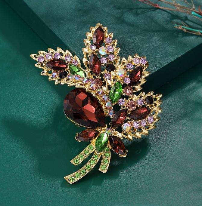 Woman's Vintage Rhinestone Crystal Flower Leaf Pendant Brooch Pin Jewelry Corsage Wedding Gift