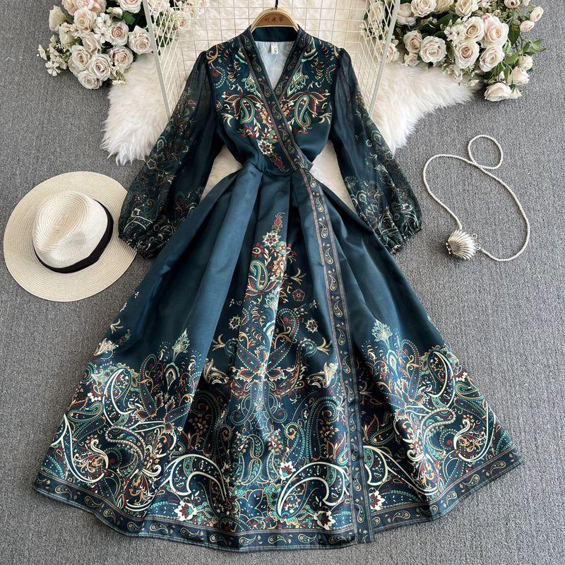 

Винтажное платье в придворном стиле с рукавами-пузырями, V-образным вырезом, приталенное, со шнуровкой, А-силуэта, с принтом, элегантное, формальное, расклешенное, длинная юбка Navy 4XL