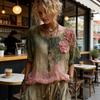 Women Tops Round Neck Short Sleeve Retro Floral Art Print Pullover Tops Loose Fit Soft Fabric Casual Summer Shirt