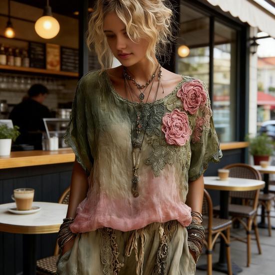 Women Tops Round Neck Short Sleeve Retro Floral Art Print Pullover Tops Loose Fit Soft Fabric Casual Summer Shirt