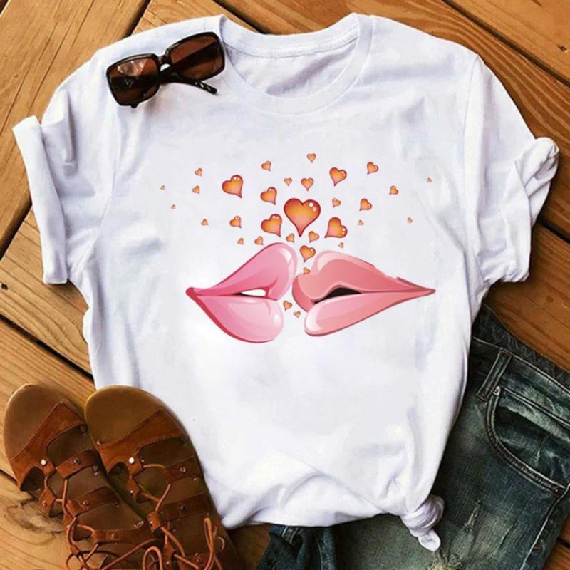 LOVE Red Lips Pink Heart Print T Shirt Women Romantic Slogan Graphic Short Sleeve Valentine Casual Summer Tee