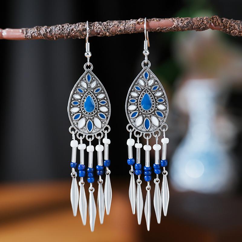 

Fashion Vintage Bohemian Leaf Tassel Drop Dangle Earrings For Women Enamel Rhombus Geometric Beads Handmade Boho Earring Zircon