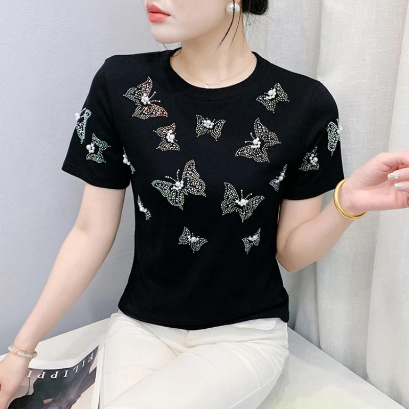 Summer New Fashion Women 100% Cotton Beading Butterfly Designer T-Shirts Short Sleeve Tees Casual Female Tops Shirts