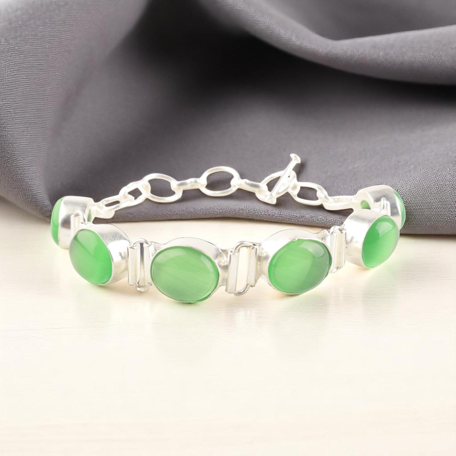 

Редкий зеленый камень кошачий глаз Ювелирные изделия из стерлингового серебра 925 пробы Ручной работы Браслет 8 RB-4-23