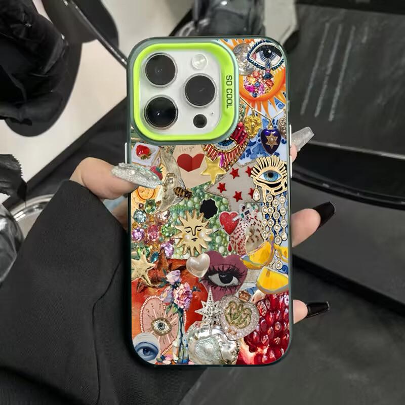 Evil Eye Glossy Heart Pattern Electroplate Silver IMD Phone Case For iPhone 16 Pro Max 15 14 13 12 11 7 8 16 Plus X XS XR Cover
